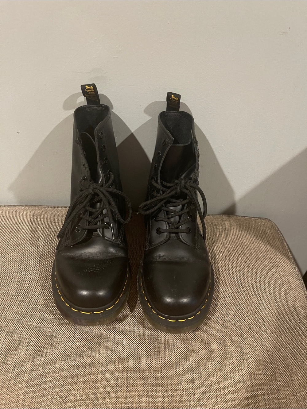 Dr. Martens Black Leather Lace-Up Boots with Yellow Stitching